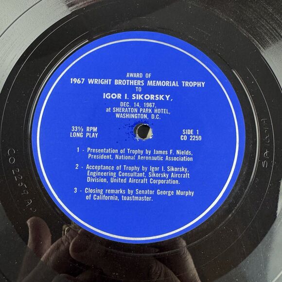Igor Sikorsky Wright Brothers Memorial Vinyl Record LP  1967 20th Annual Dinner - Picture 6 of 8